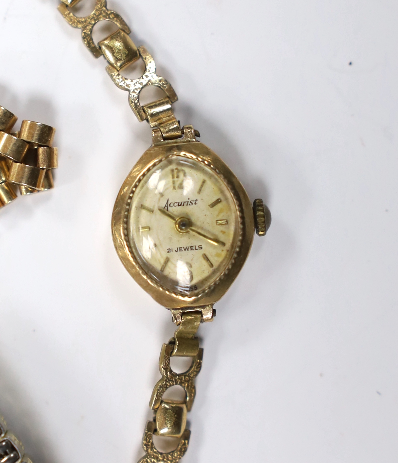 Four lady's assorted 9ct gold manual wind wrist watches, including Accurist and Precista, three on gold plated or rolled gold bracelets.